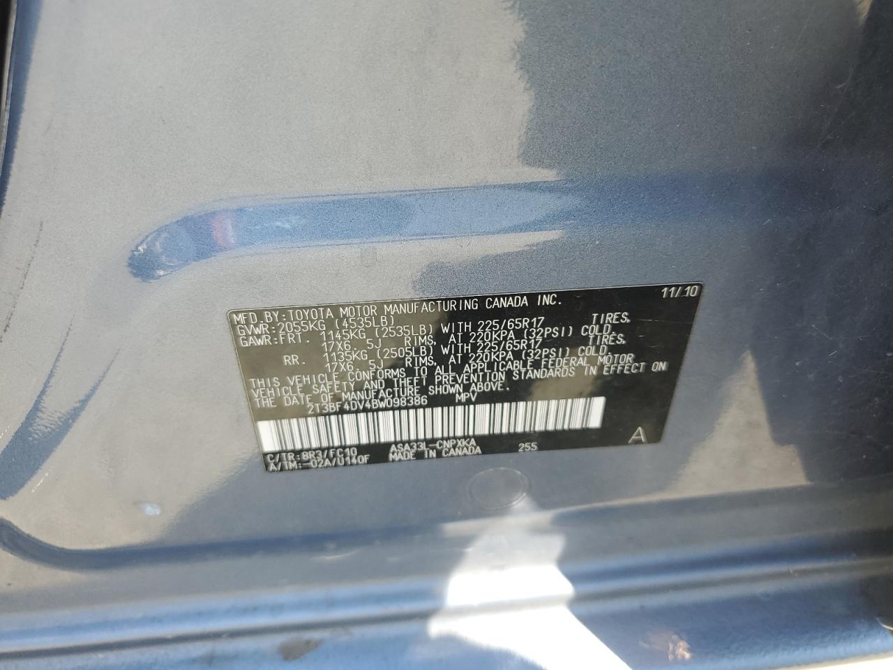 2011 Toyota Rav4 VIN: 2T3BF4DV4BW098386 Lot: 63086495