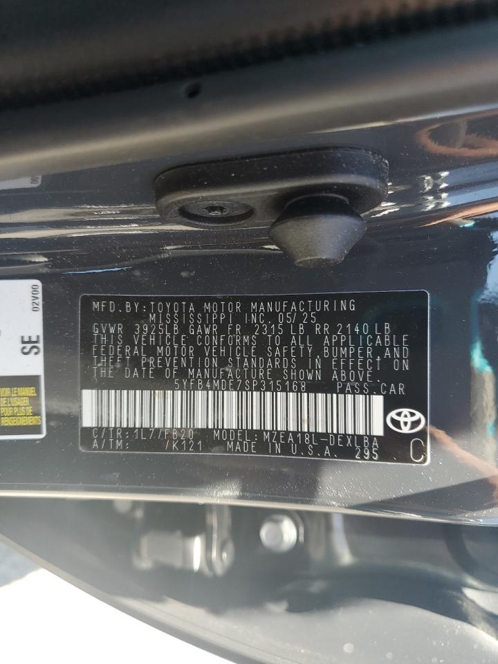 2025 Toyota Corolla Le VIN: 5YFB4MDE7SP315168 Lot: 63039055