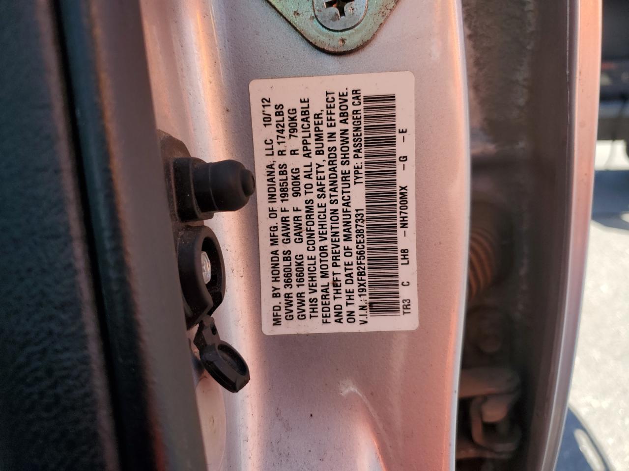 2012 Honda Civic Lx VIN: 19XFB2F56CE387331 Lot: 62845065