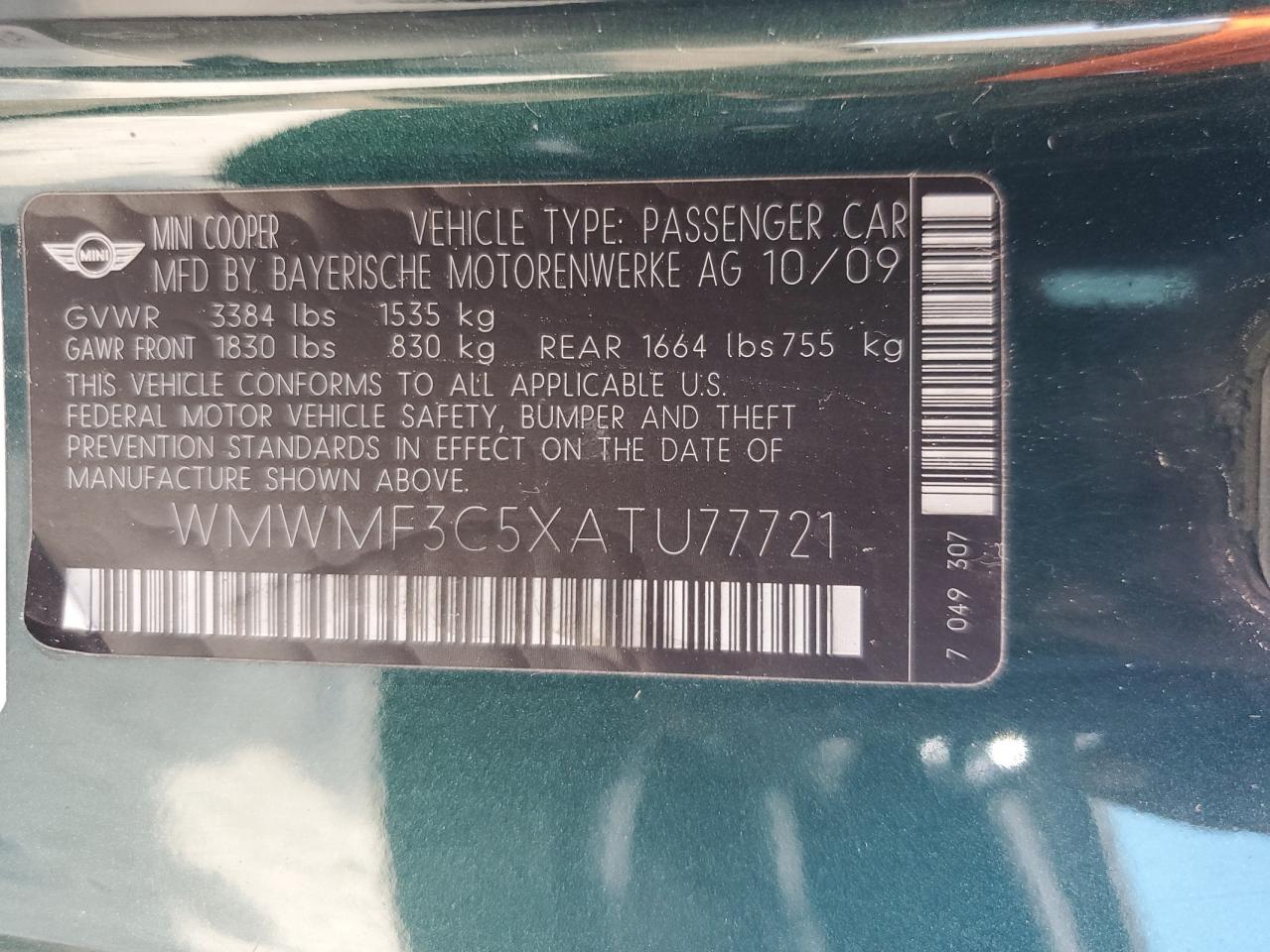 2010 Mini Cooper VIN: WMWMF3C5XATU77721 Lot: 62646495
