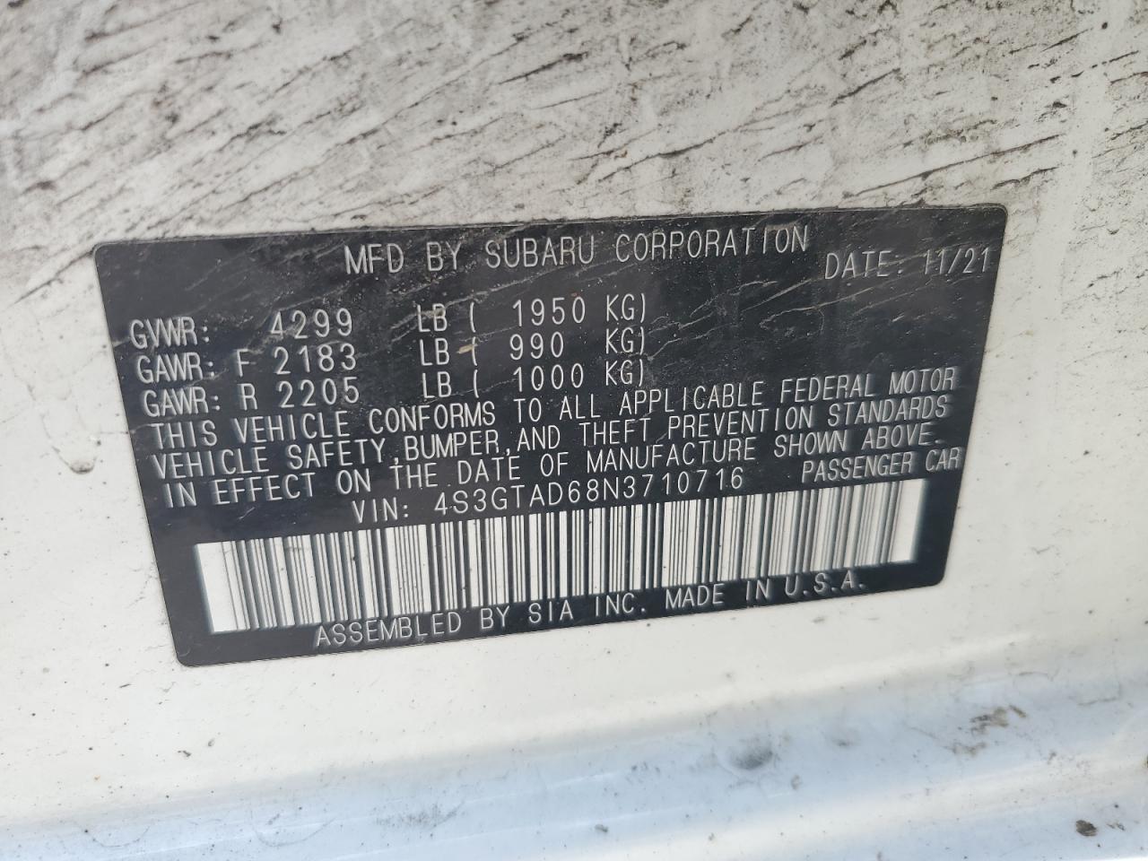 2022 Subaru Impreza Premium VIN: 4S3GTAD68N3710716 Lot: 62309465