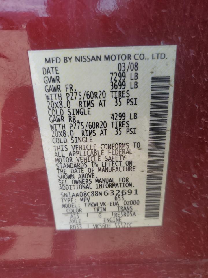 2008 Nissan Armada Se VIN: 5N1AA08C88N632691 Lot: 62079625