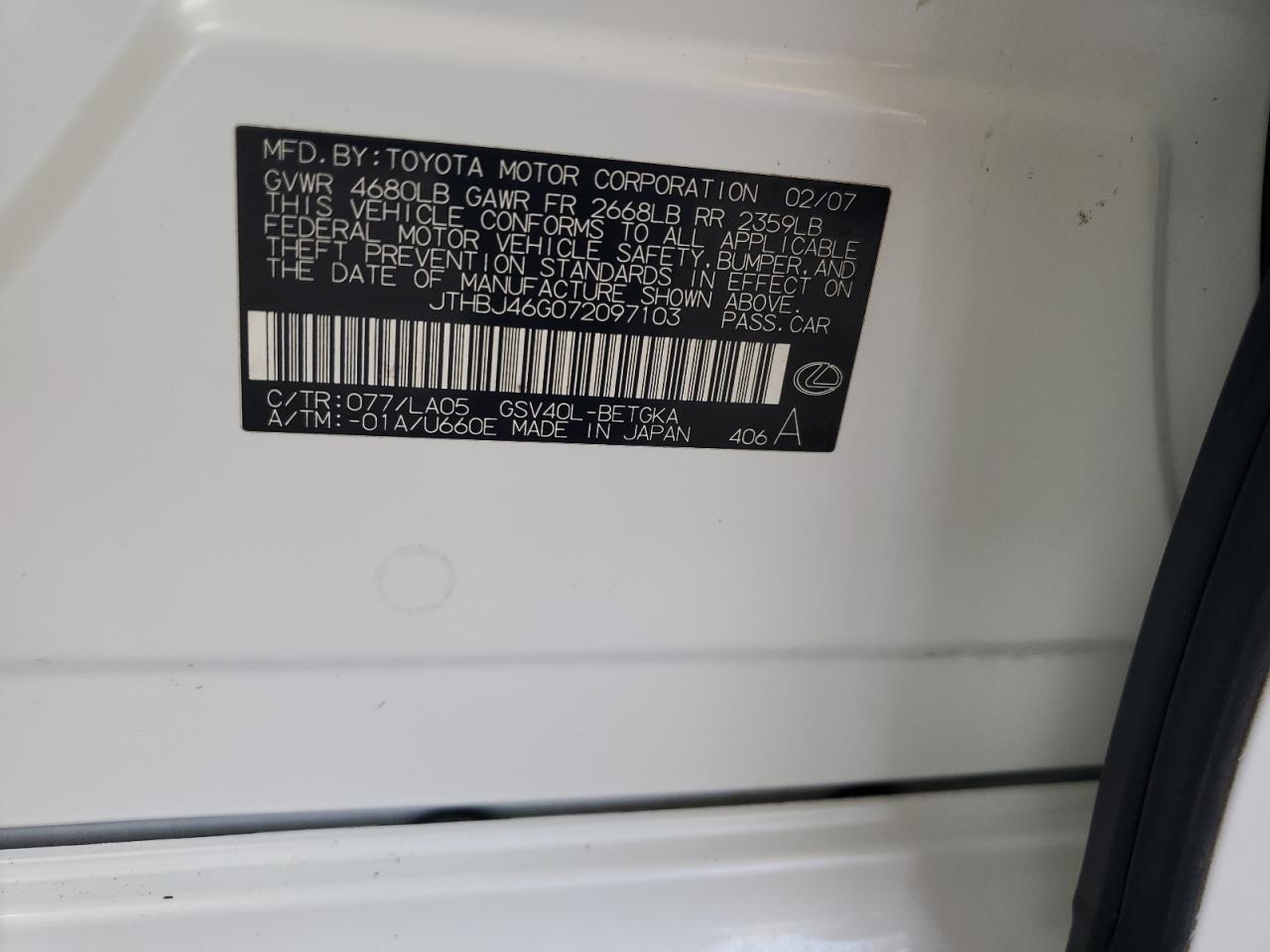 2007 Lexus Es 350 VIN: JTHBJ46G072097103 Lot: 84868325