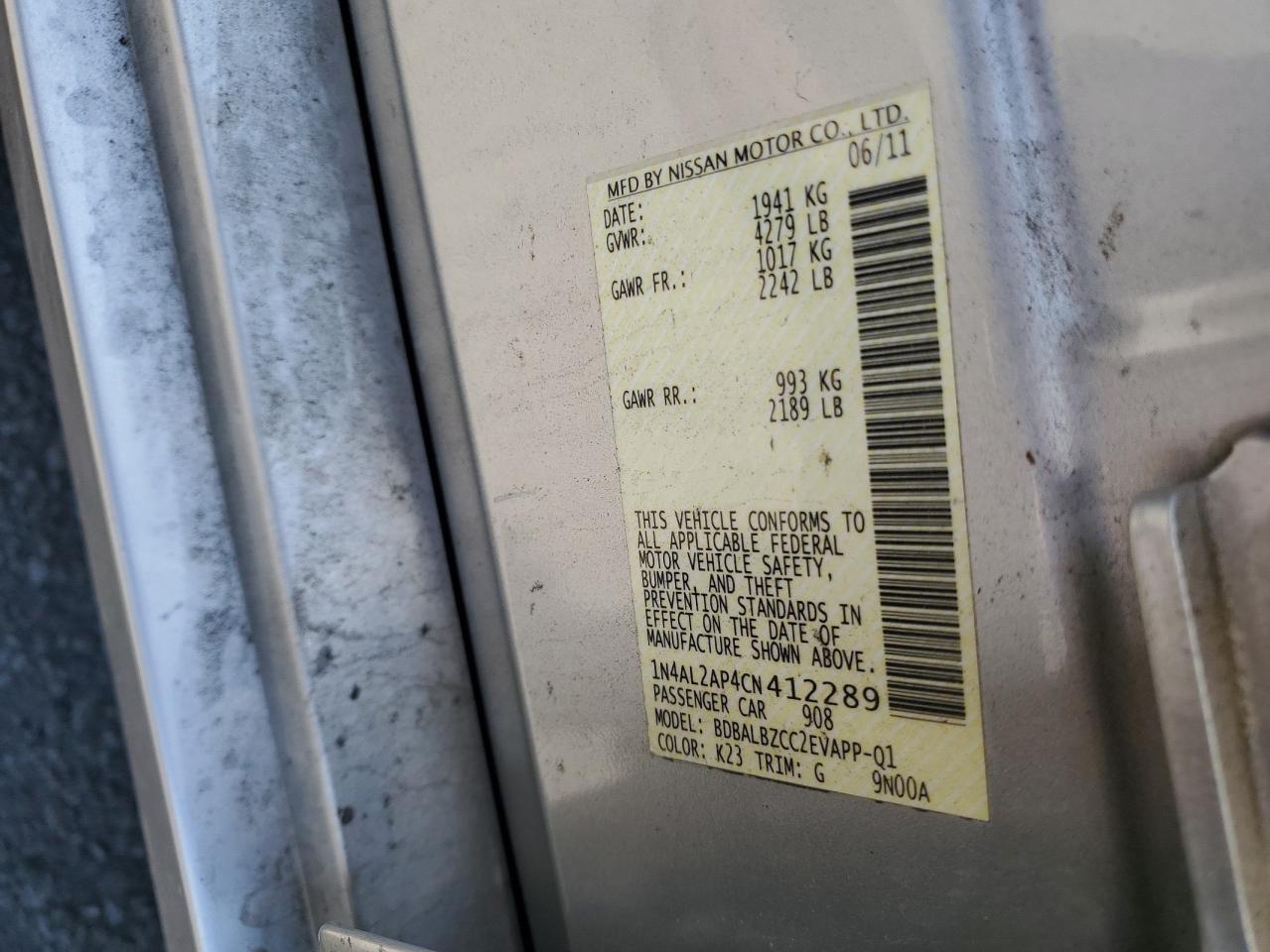 2012 Nissan Altima Base VIN: 1N4AL2AP4CN412289 Lot: 62182365