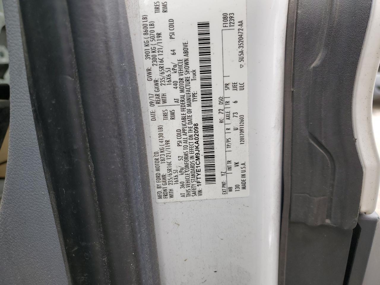 2018 Ford Transit T-150 VIN: 1FTYE1CM9JKA02098 Lot: 58743485