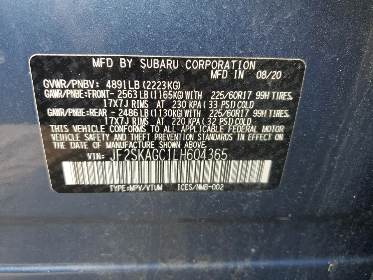 2020 Subaru Forester Premium VIN: JF2SKAGC1LH604365 Lot: 60083995