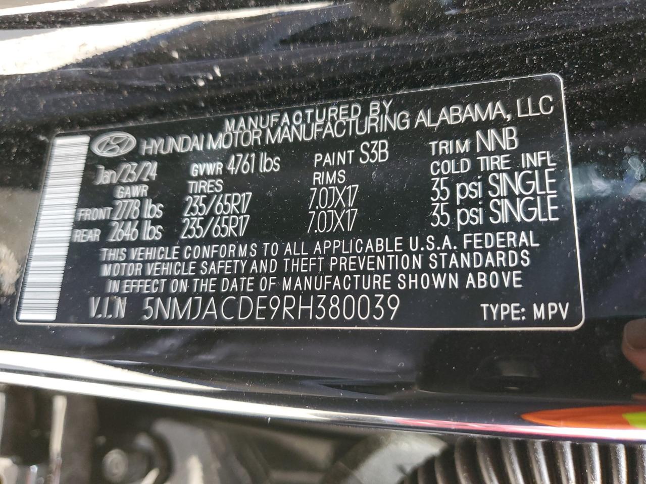 2024 Hyundai Tucson Se VIN: 5NMJACDE9RH380039 Lot: 62517365