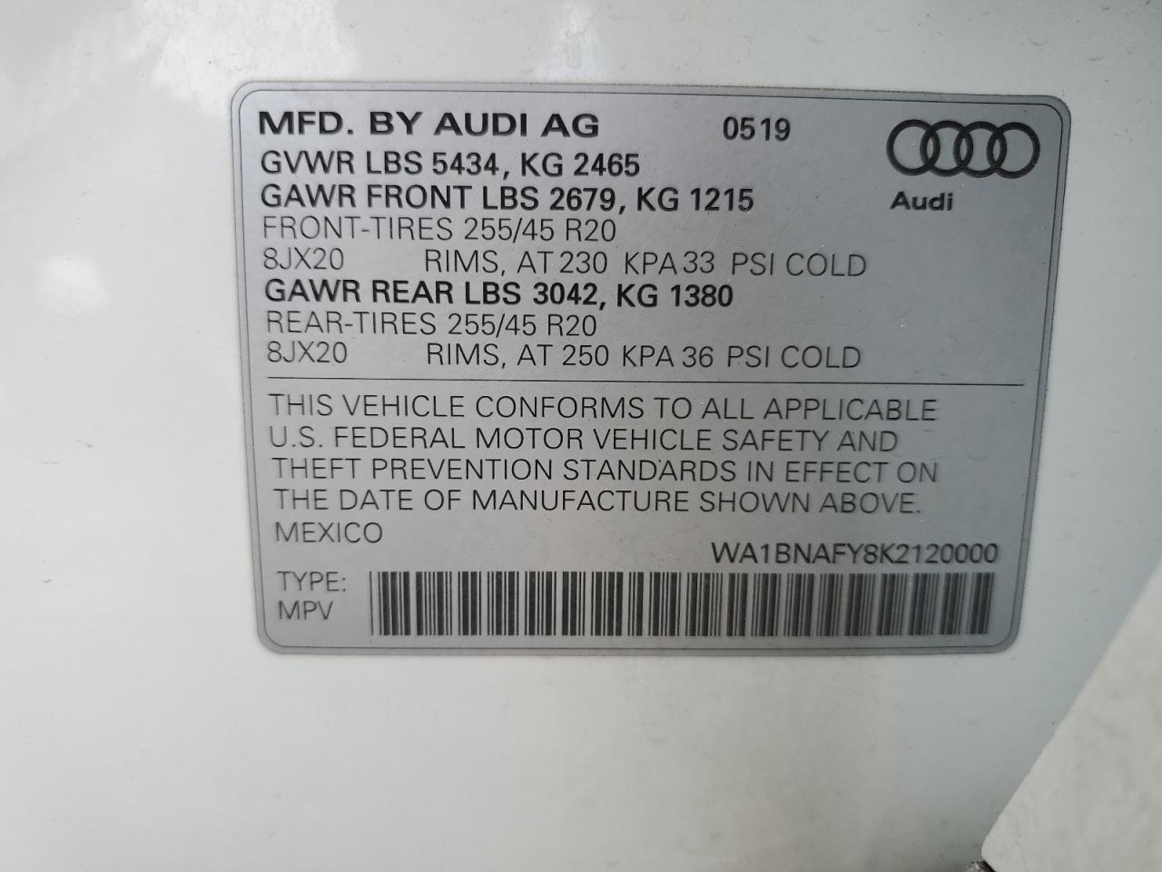 2019 Audi Q5 Premium Plus VIN: WA1BNAFY8K2120000 Lot: 62656855