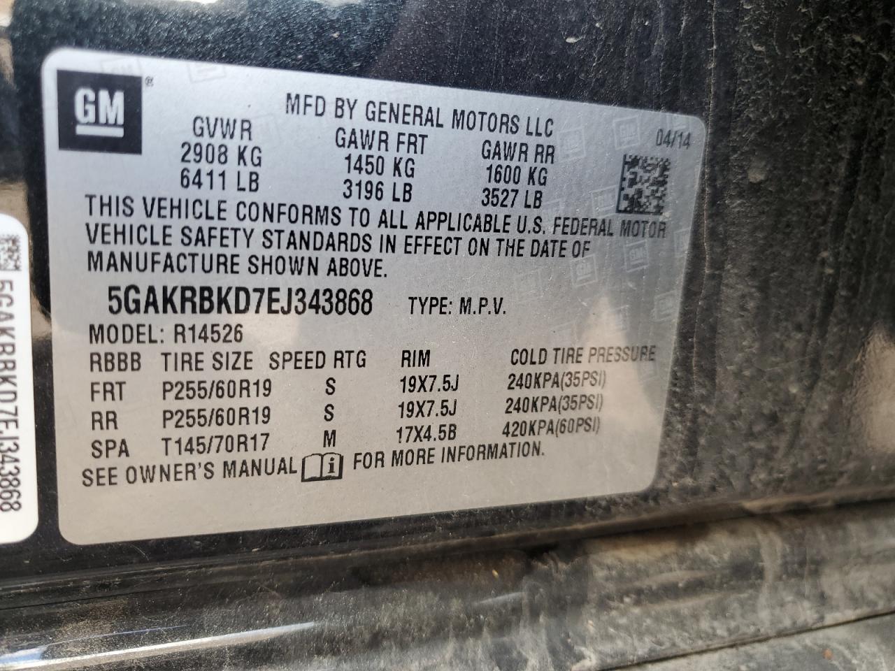 2014 Buick Enclave VIN: 5GAKRBKD7EJ343868 Lot: 62816405
