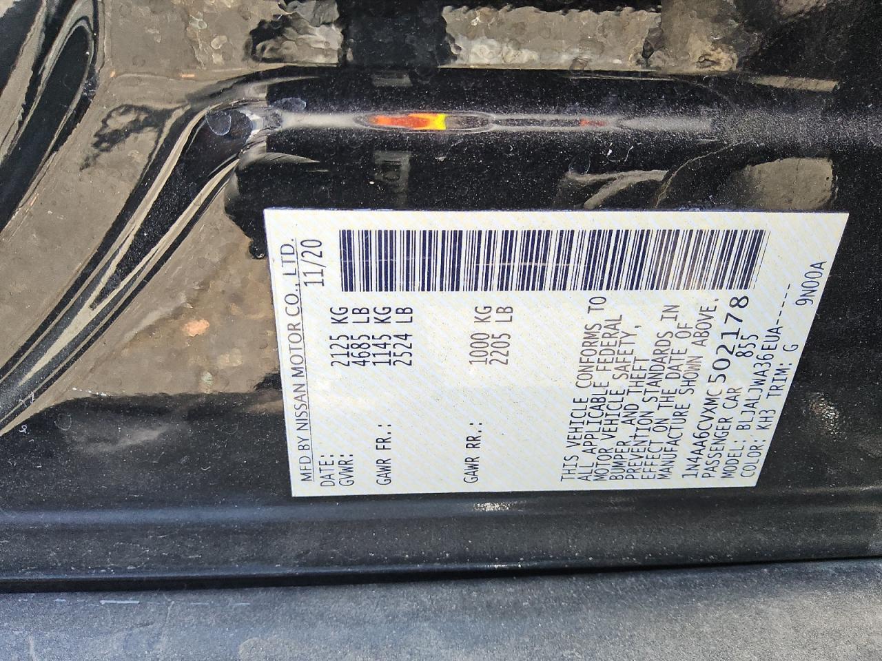 2021 Nissan Maxima Sv VIN: 1N4AA6CVXMC502178 Lot: 60043795