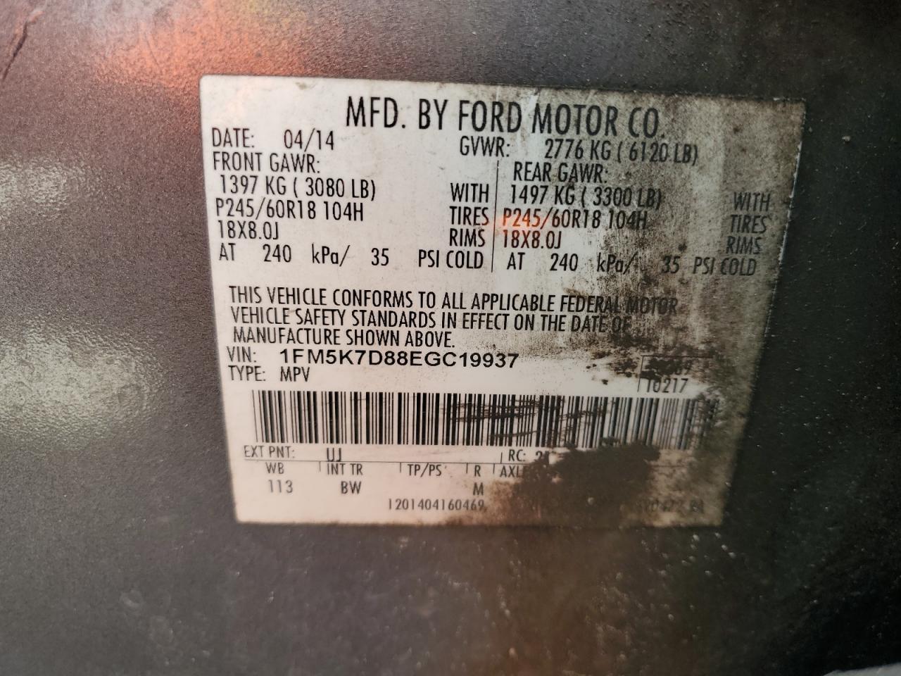 2014 Ford Explorer Xlt VIN: 1FM5K7D88EGC19937 Lot: 61348365