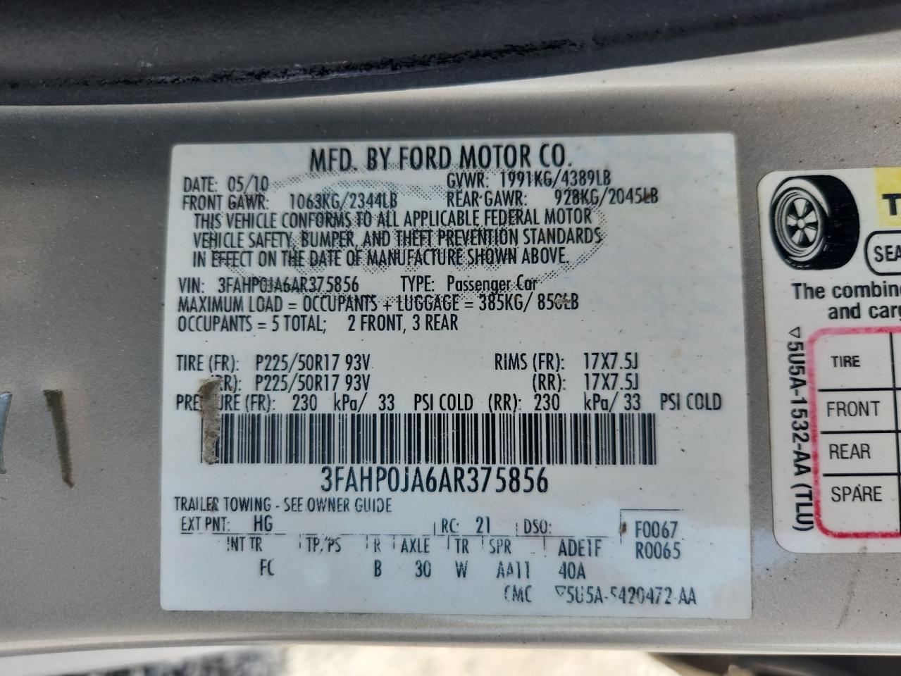 2010 Ford Fusion Sel VIN: 3FAHP0JA6AR375856 Lot: 62969085