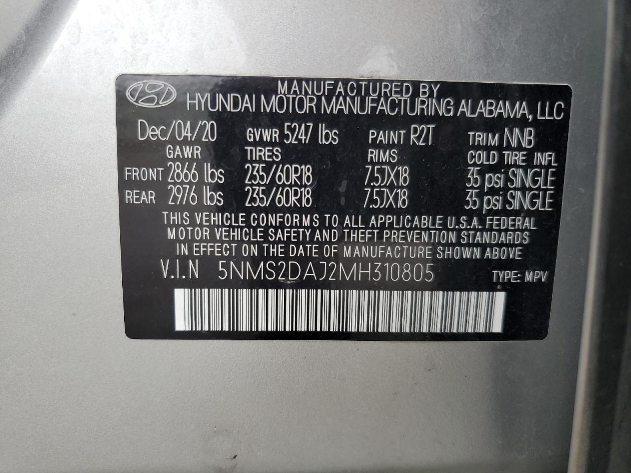 2021 Hyundai Santa Fe Sel VIN: 5NMS2DAJ2MH310805 Lot: 62579465