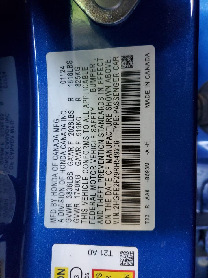 2024 Honda Civic Lx VIN: 2HGFE2F29RH549206 Lot: 62116365