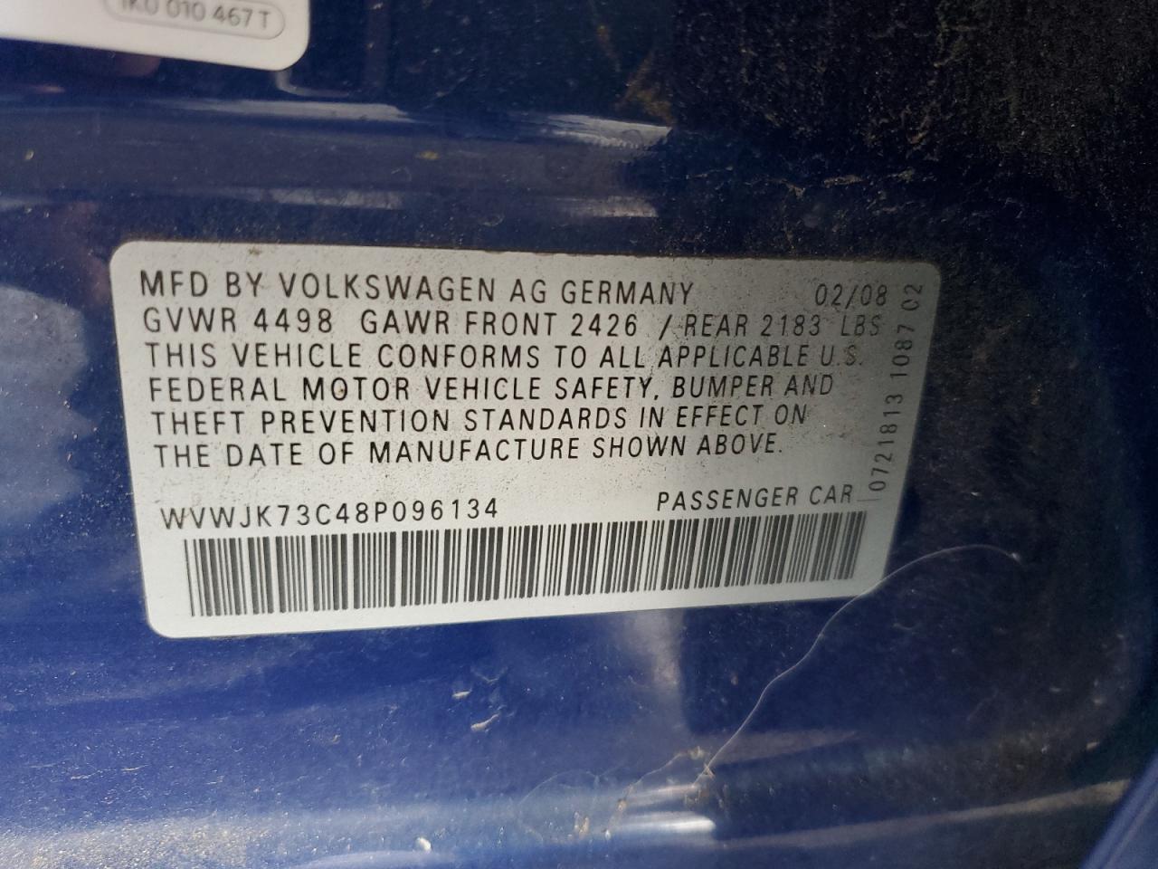 2008 Volkswagen Passat Turbo VIN: WVWJK73C48P096134 Lot: 60171025