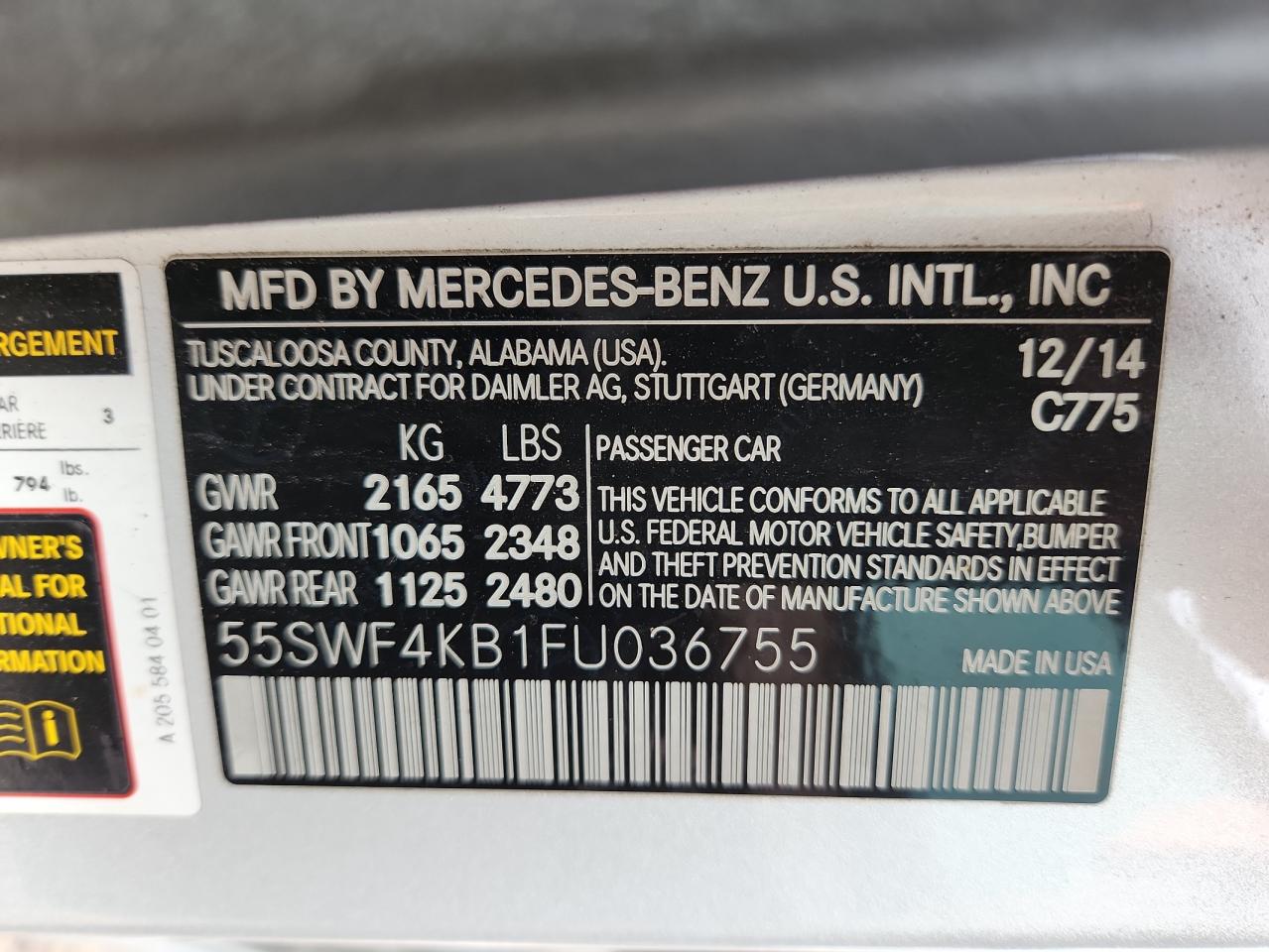 2015 Mercedes-Benz C 300 4Matic VIN: 55SWF4KB1FU036755 Lot: 63007985