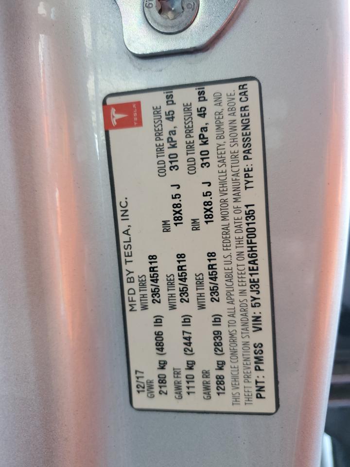2017 Tesla Model 3 VIN: 5YJ3E1EA6HF001351 Lot: 59332835
