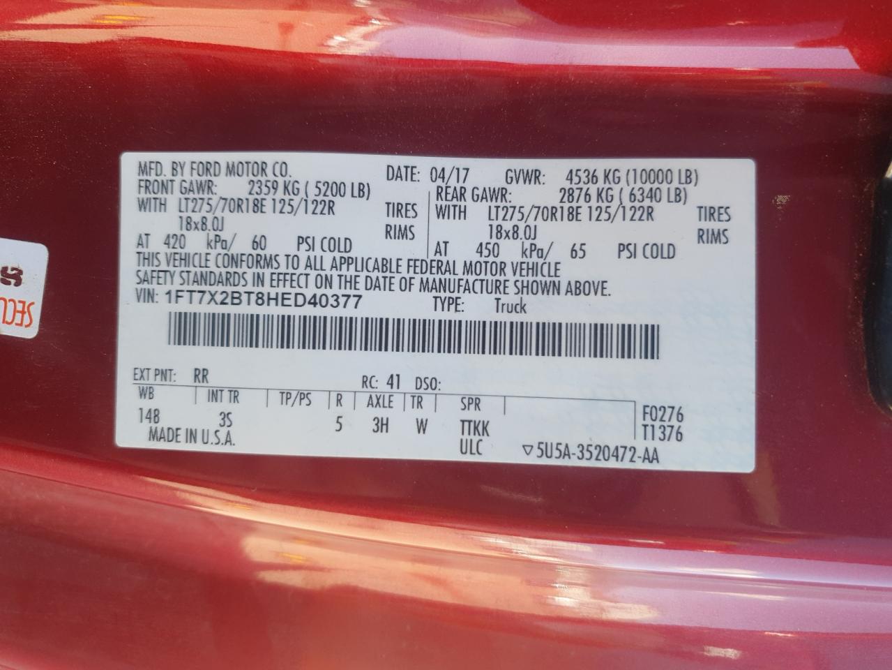 2017 Ford F250 Super Duty VIN: 1FT7X2BT8HED40377 Lot: 62597385