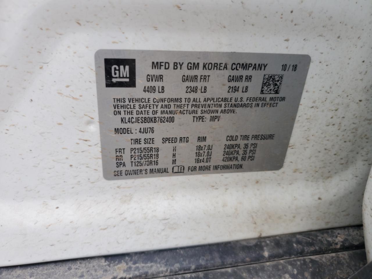 2019 Buick Encore Preferred VIN: KL4CJESB0KB762400 Lot: 61479925
