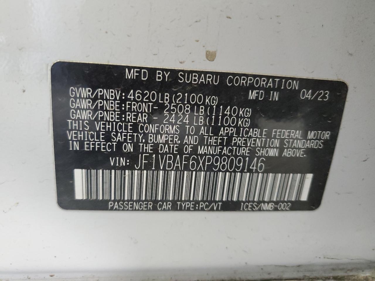 2023 Subaru Wrx Premium VIN: JF1VBAF6XP9809146 Lot: 62493765