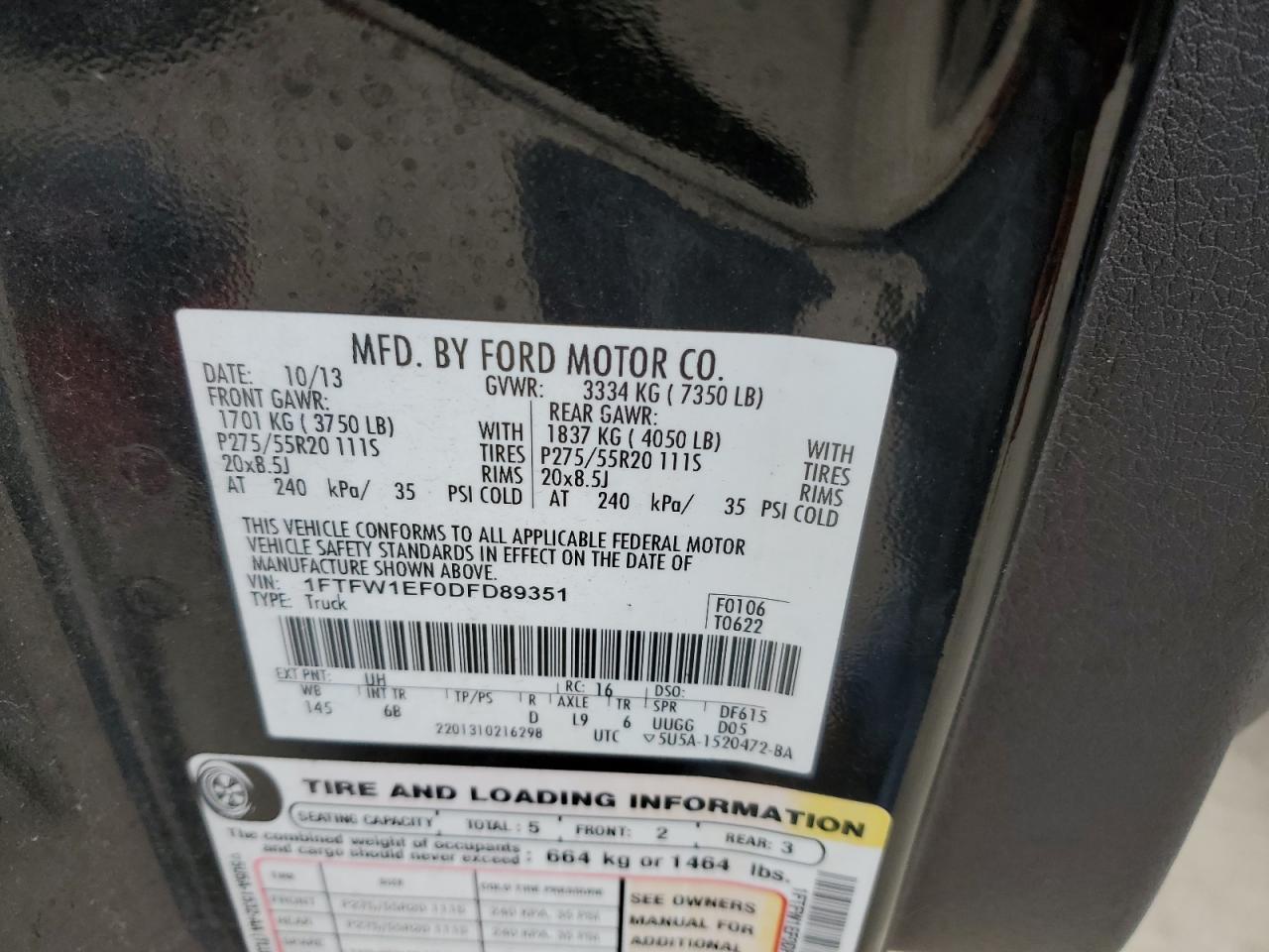 2013 Ford F150 Supercrew VIN: 1FTFW1EF0DFD89351 Lot: 62142805