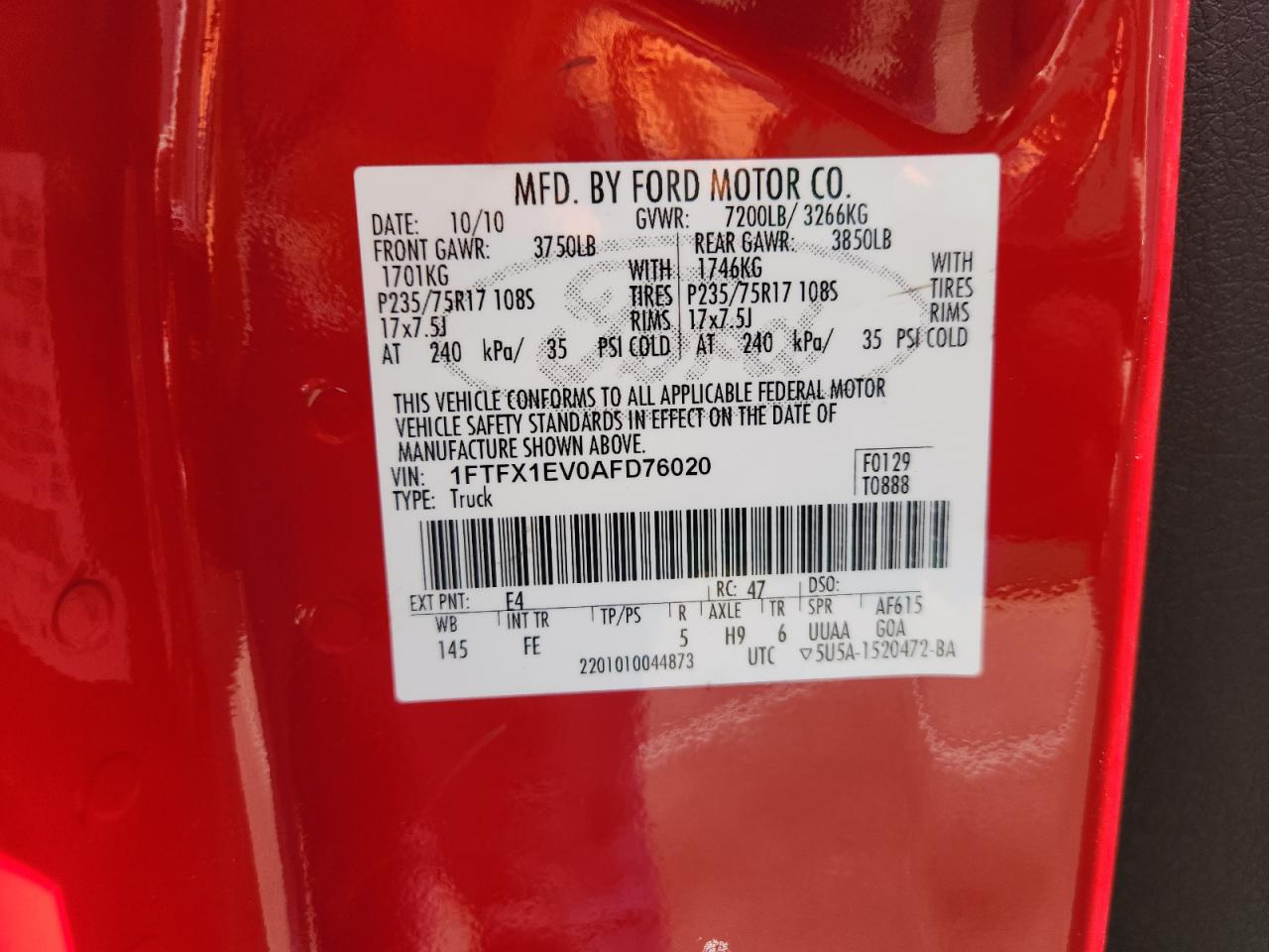 2010 Ford F150 Super Cab VIN: 1FTFX1EV0AFD76020 Lot: 62637165