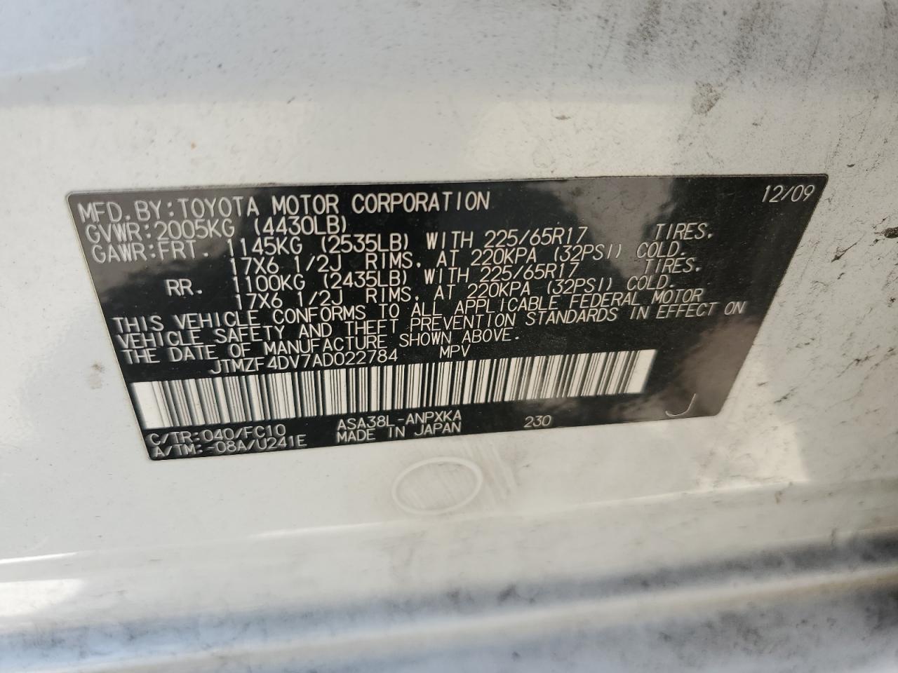 2010 Toyota Rav4 VIN: JTMZF4DV7AD022784 Lot: 62703625