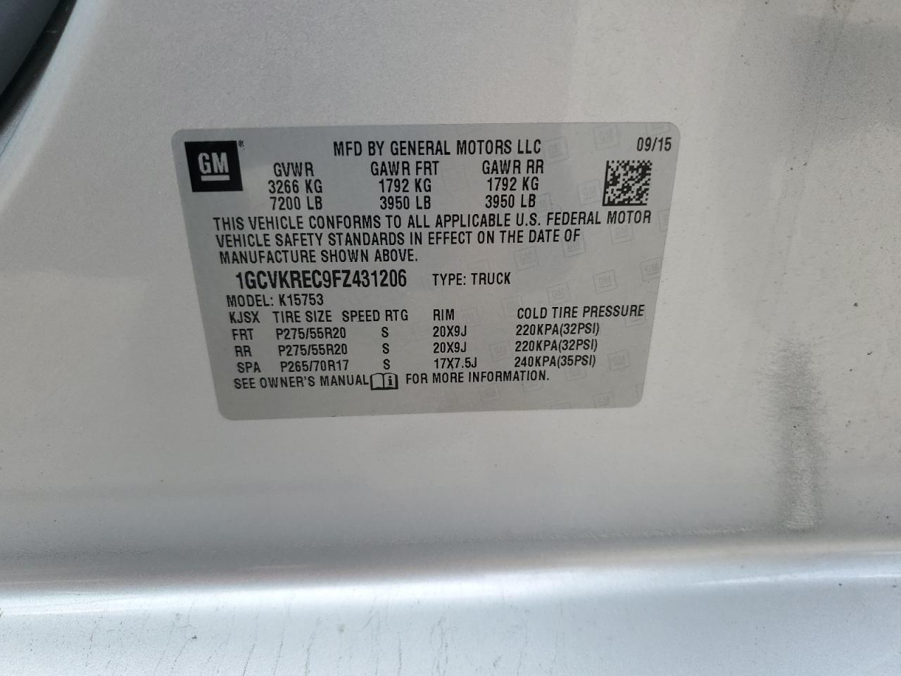 2015 Chevrolet Silverado K1500 Lt VIN: 1GCVKREC9FZ431206 Lot: 62821285