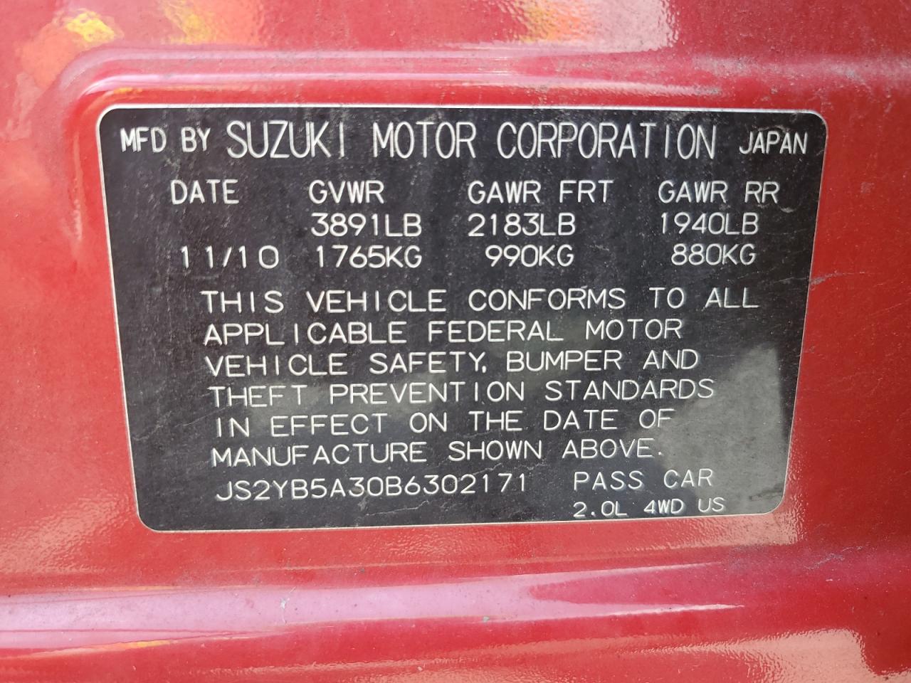 2011 Suzuki Sx4 VIN: JS2YB5A30B6302171 Lot: 62820455