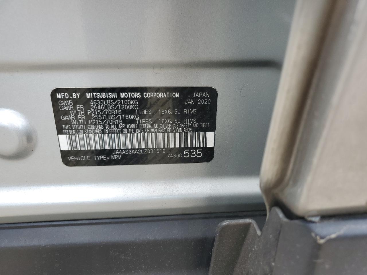 2020 Mitsubishi Eclipse Cross Es VIN: JA4AS3AA2LZ031512 Lot: 61895745