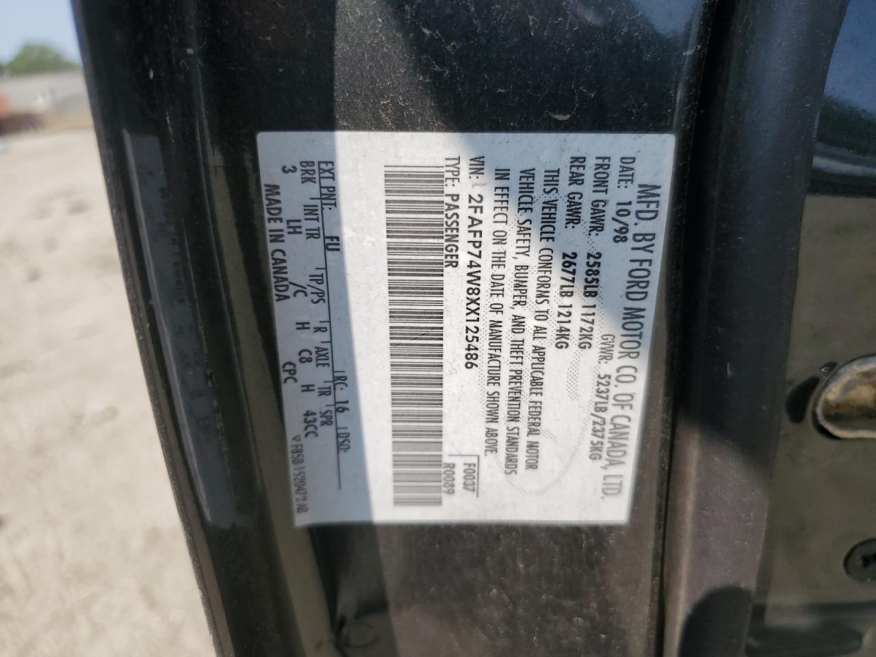 1999 Ford Crown Victoria Lx VIN: 2FAFP74W8XX125486 Lot: 59191885