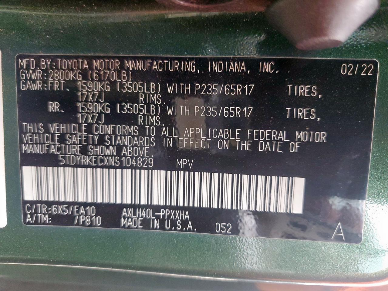2022 Toyota Sienna Xle VIN: 5TDYRKECXNS104829 Lot: 61303385
