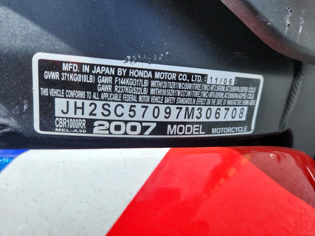 2007 Honda Cbr1000 Rr VIN: JH2SC57097M306708 Lot: 60266005