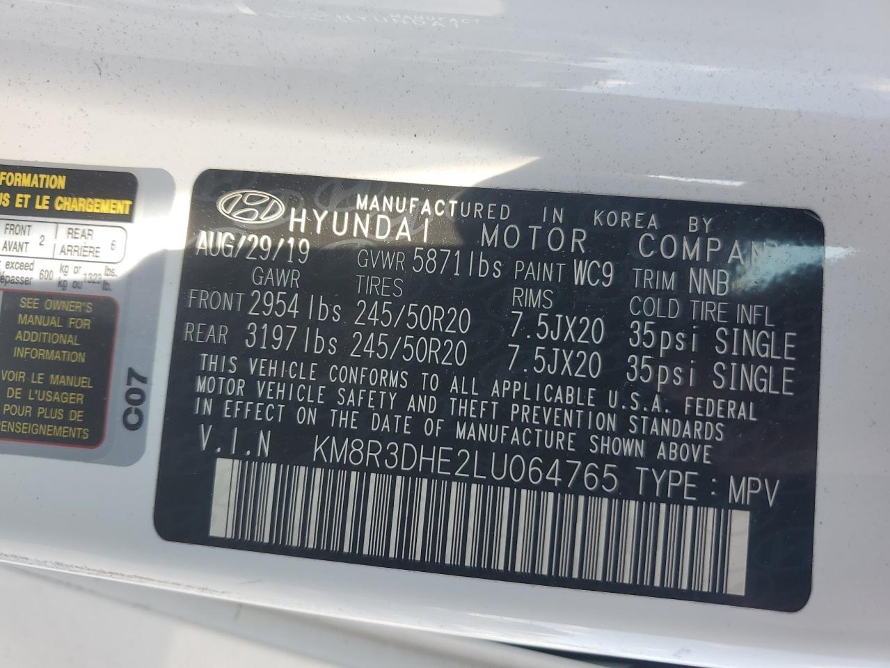 2020 Hyundai Palisade Sel VIN: KM8R3DHE2LU064765 Lot: 61584415