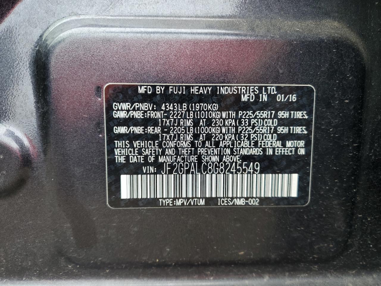 2016 Subaru Crosstrek Limited VIN: JF2GPALC8G8245549 Lot: 61209835