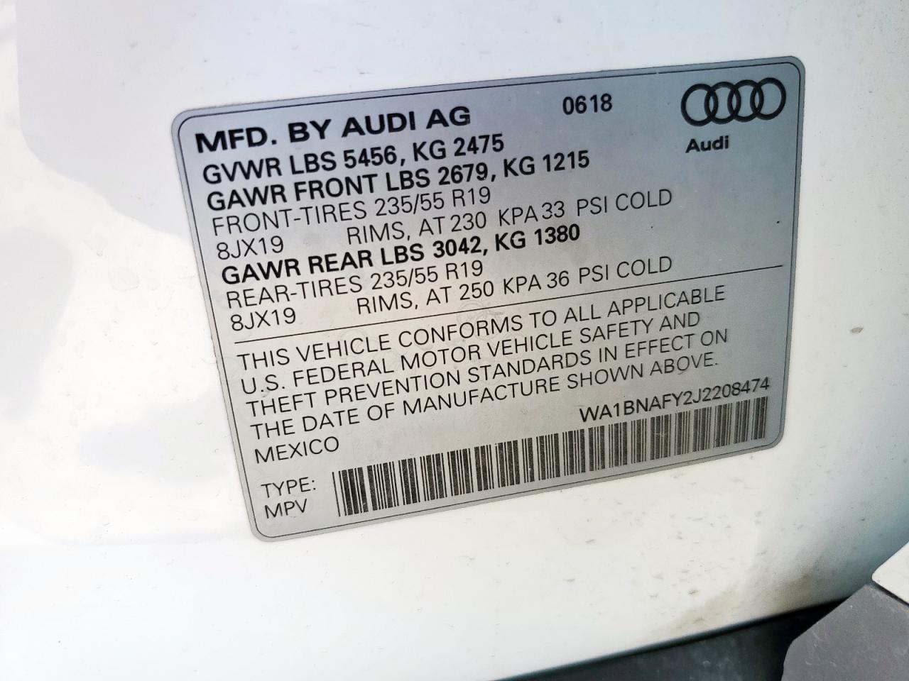 2018 Audi Q5 Premium Plus VIN: WA1BNAFY2J2208474 Lot: 59020625