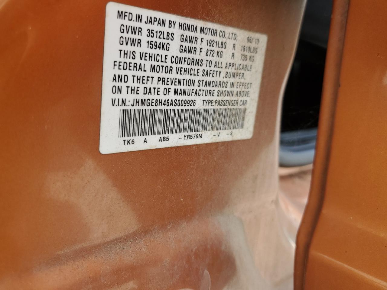 2010 Honda Fit Sport VIN: JHMGE8H46AS009926 Lot: 61240015