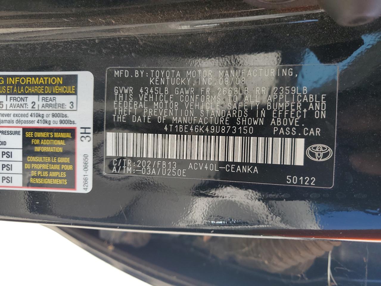 2009 Toyota Camry Base VIN: 4T1BE46K49U873150 Lot: 62963255