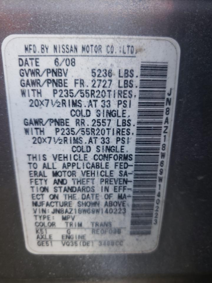 2009 Nissan Murano S VIN: JN8AZ18W69W140223 Lot: 61208145
