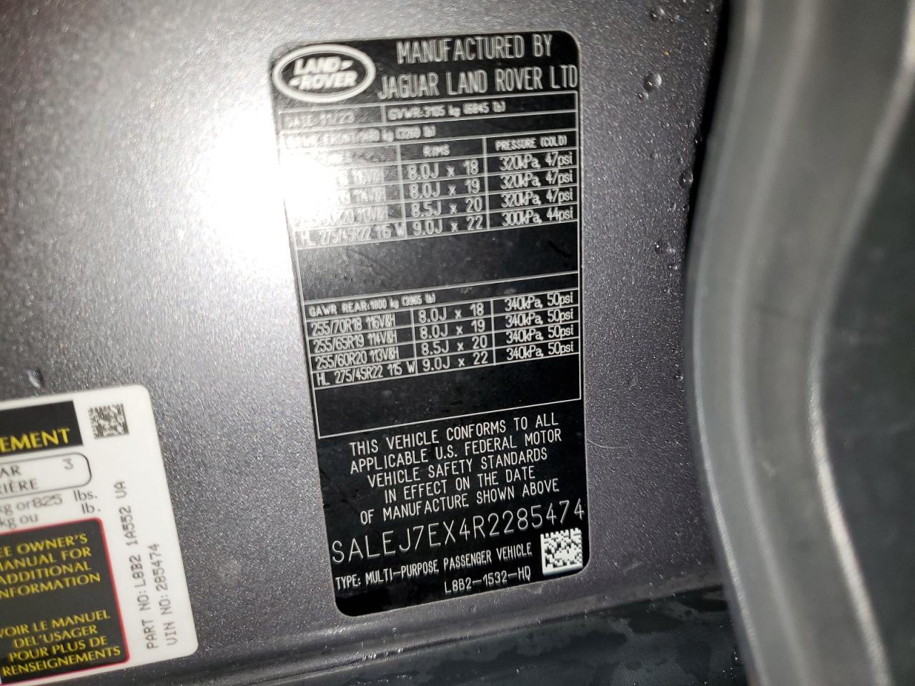 2024 Land Rover Defender 110 S VIN: SALEJ7EX4R2285474 Lot: 61129385