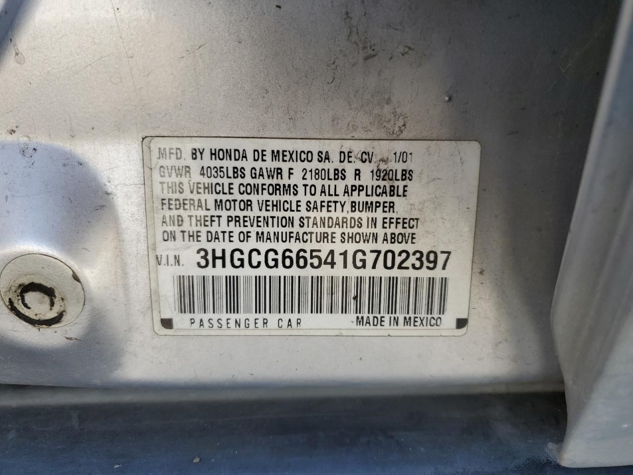 2001 Honda Accord Lx VIN: 3HGCG66541G702397 Lot: 60691175