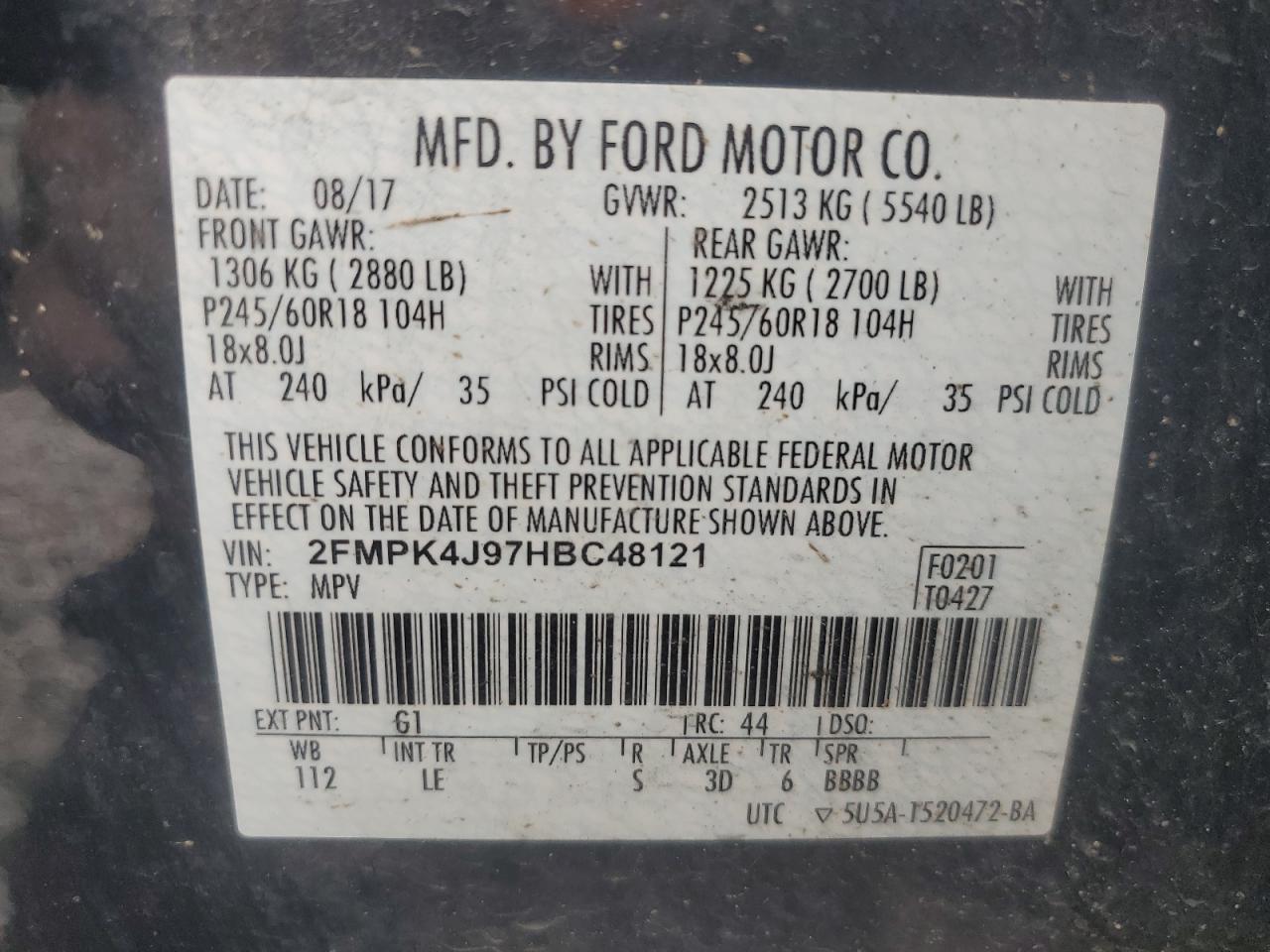 2017 Ford Edge Sel VIN: 2FMPK4J97HBC48121 Lot: 61274255
