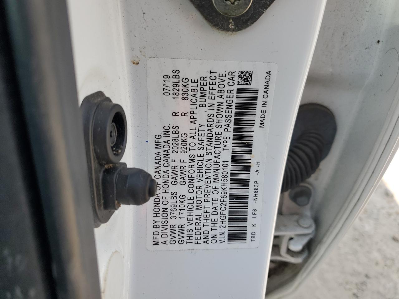 2HGFC2F69KH580101 HONDA CIVIC 2019