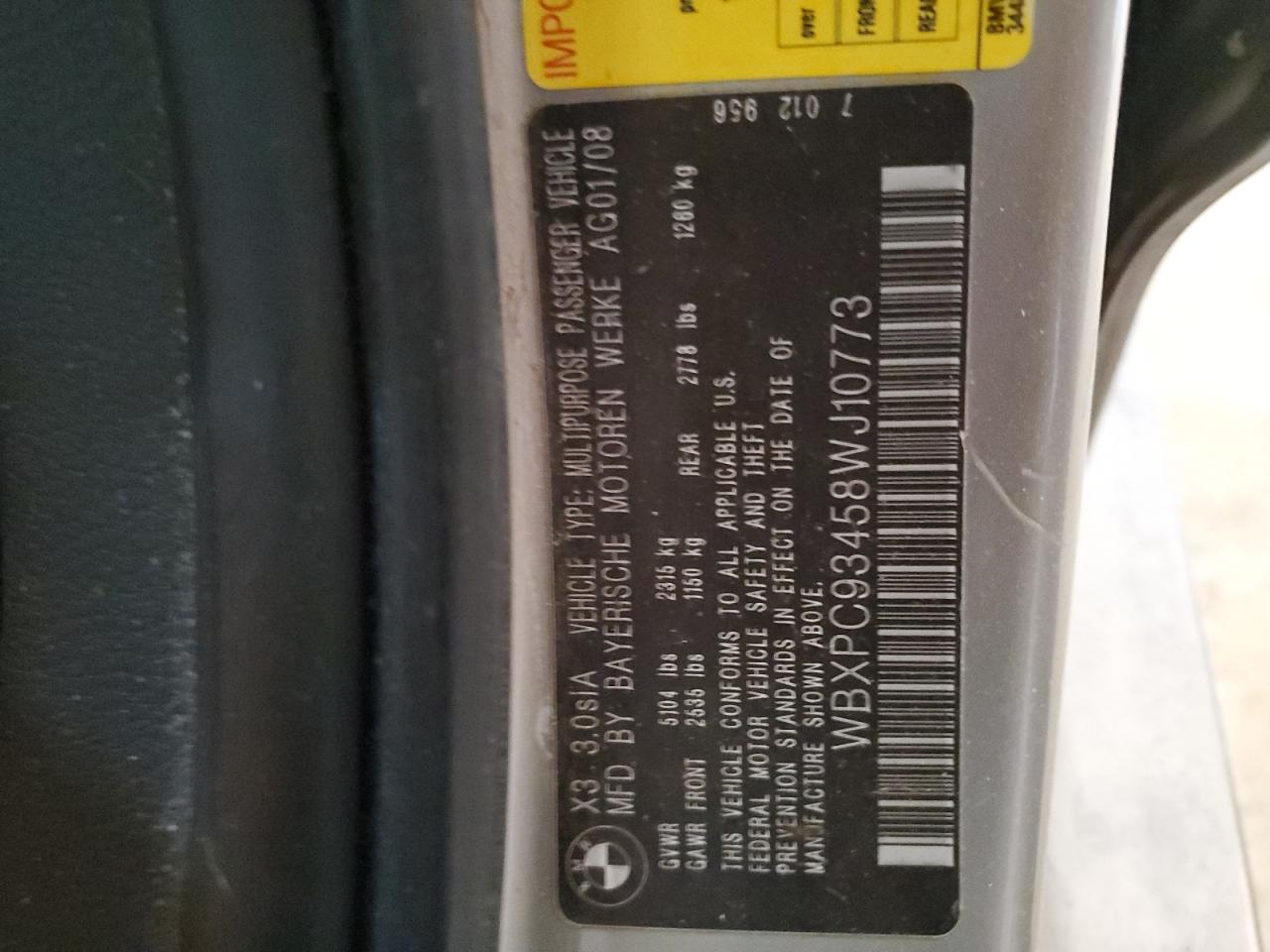 2008 BMW X3 3.0Si VIN: WBXPC93458WJ10773 Lot: 58589305