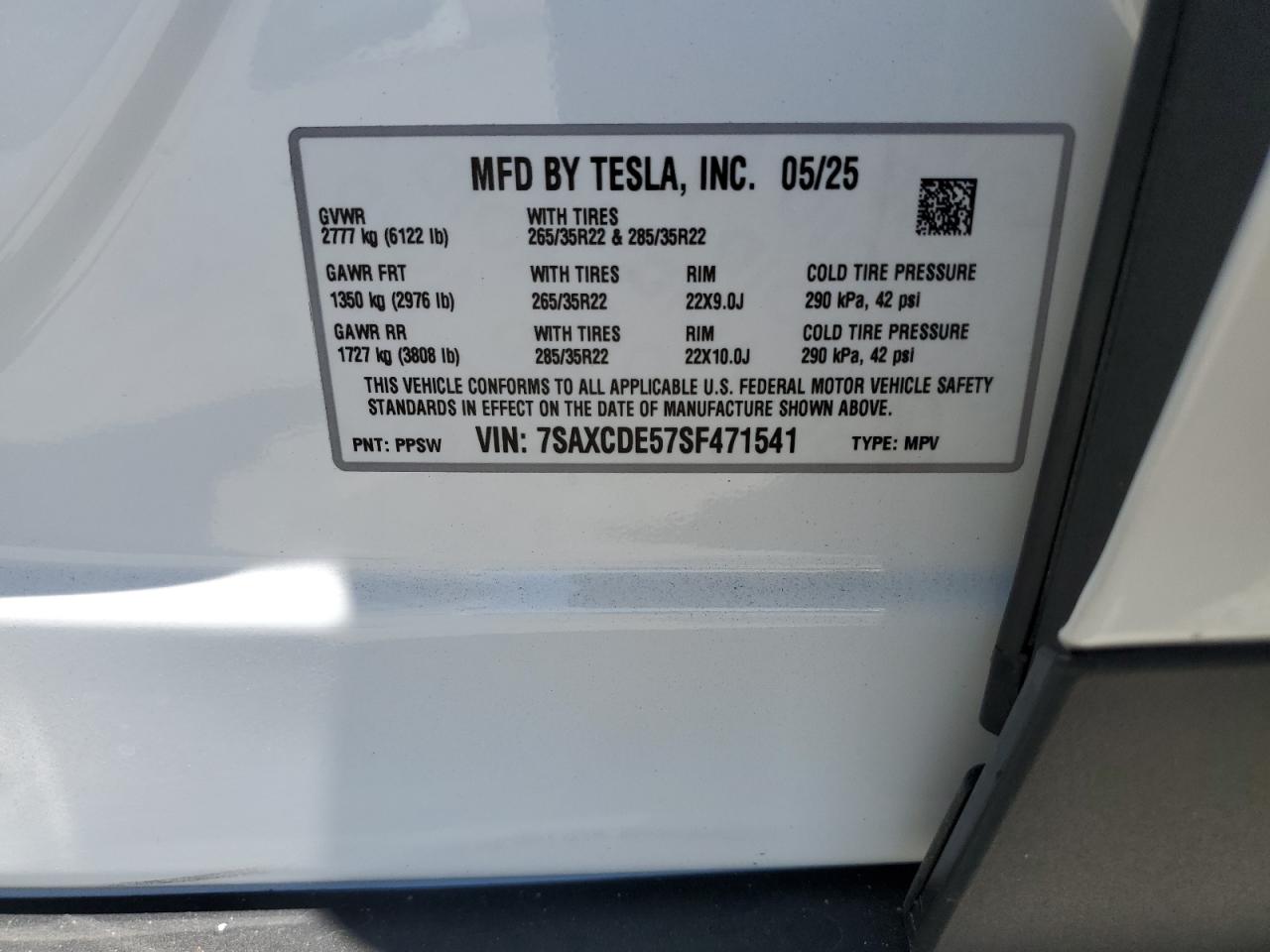 2025 Tesla Model X VIN: 7SAXCDE57SF471541 Lot: 61788905