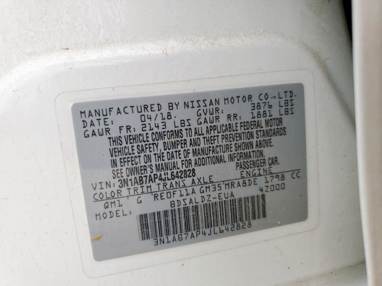 2018 Nissan Sentra S VIN: 3N1AB7AP4JL642828 Lot: 62782375