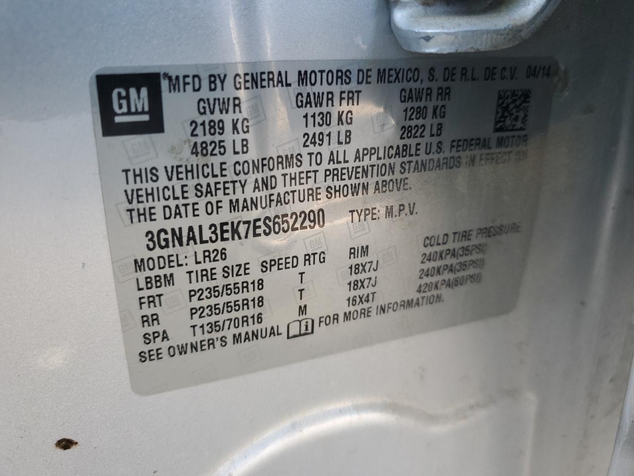2014 Chevrolet Captiva Lt VIN: 3GNAL3EK7ES652290 Lot: 62532105