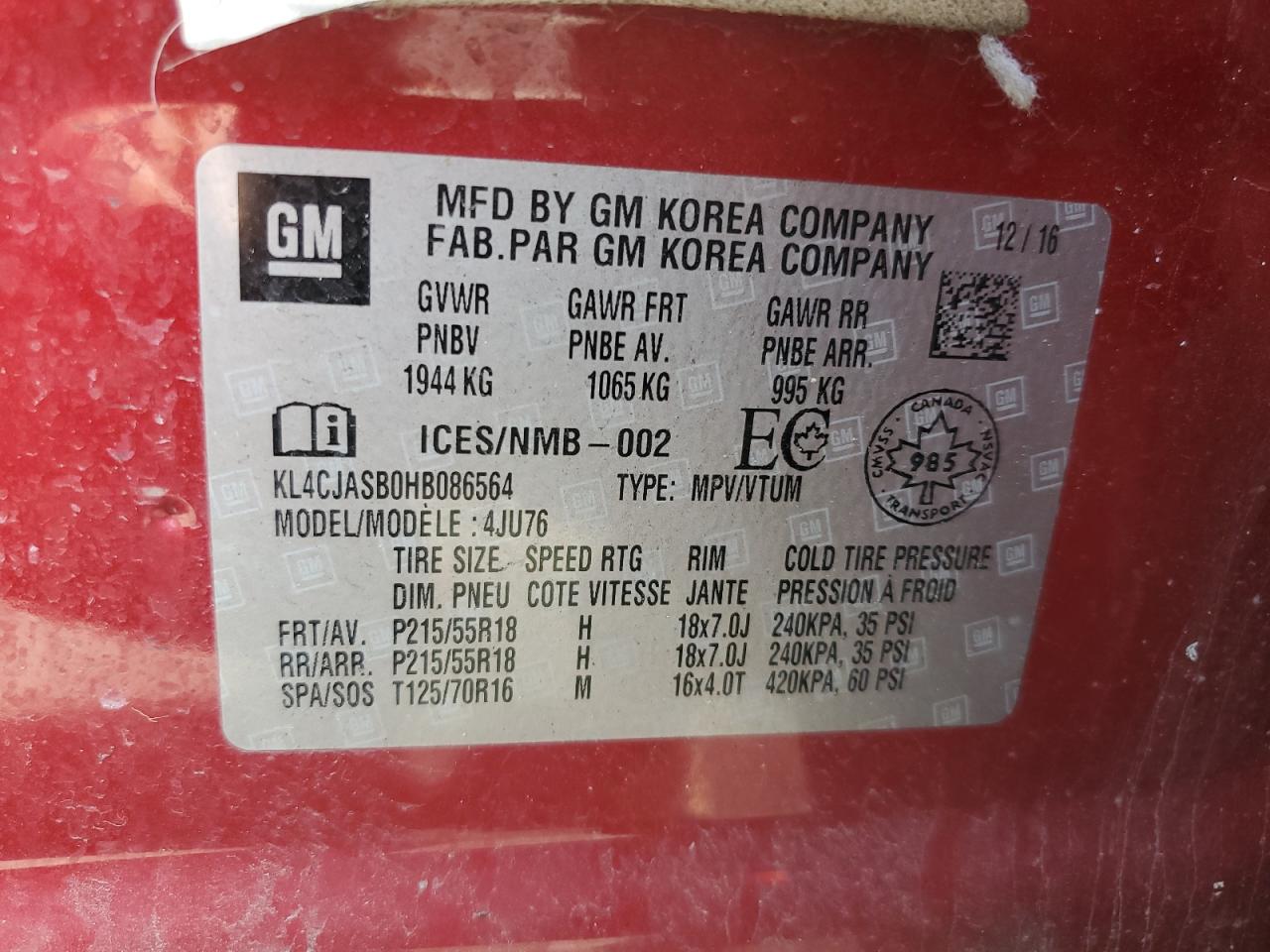 BUICK ENCORE 2017 VIN KL4CJASB0HB086564 zdjęcie 12