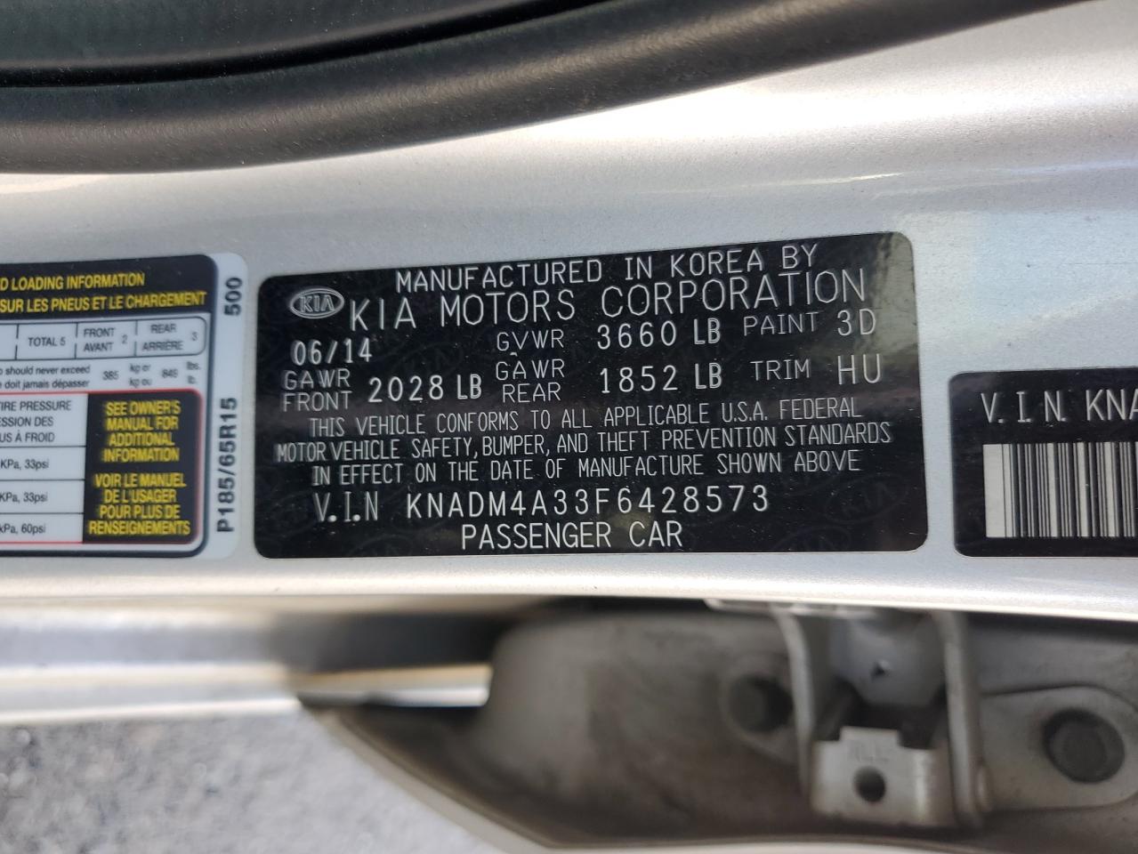 2015 Kia Rio Lx VIN: KNADM4A33F6428573 Lot: 60737905