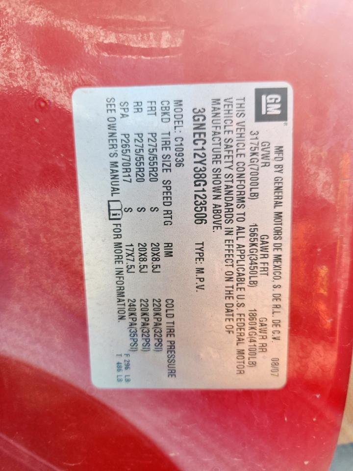 2008 Chevrolet Avalanche C1500 VIN: 3GNEC12Y38G123506 Lot: 60931005